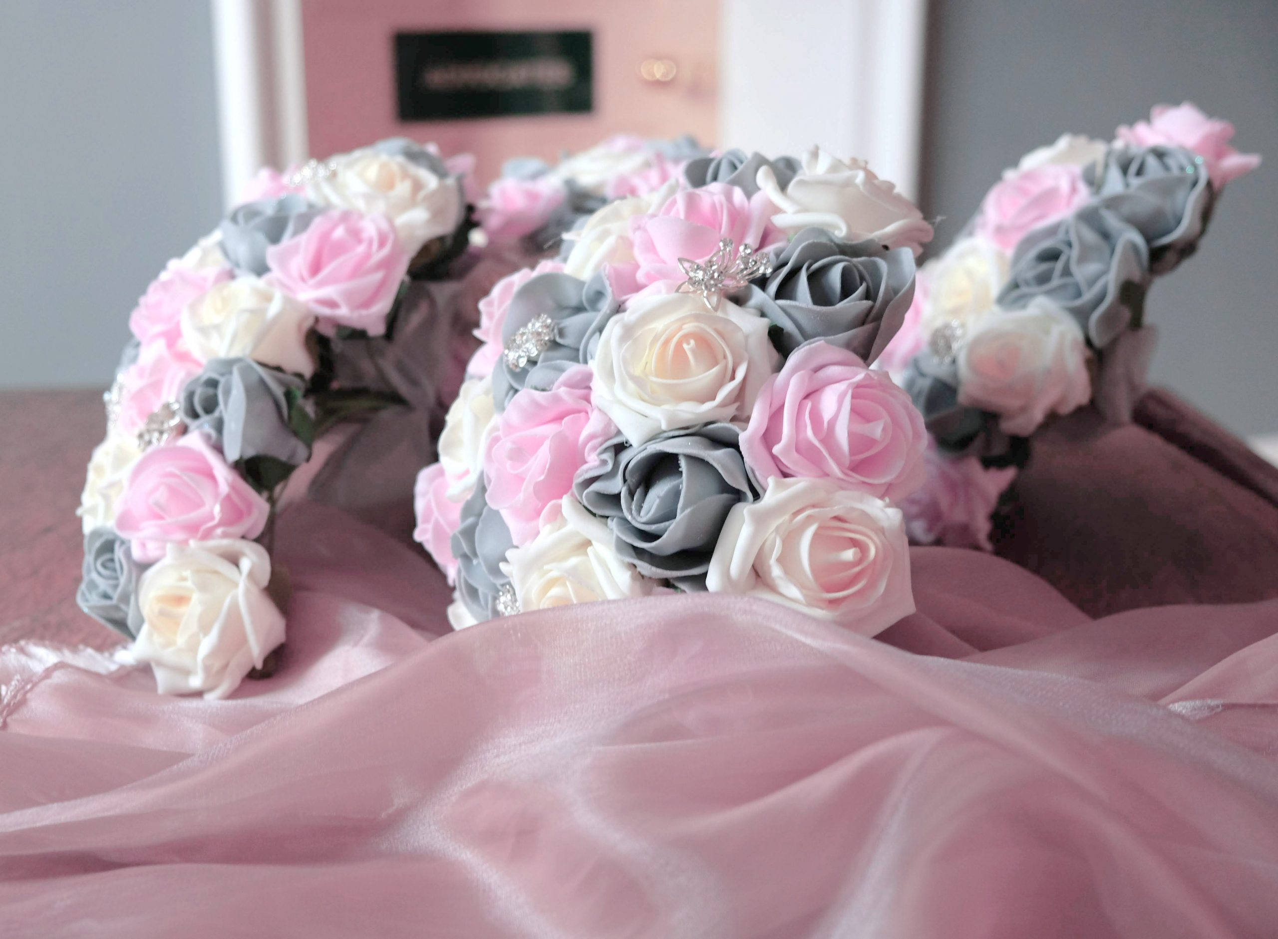 pink and grey wedding flowers
